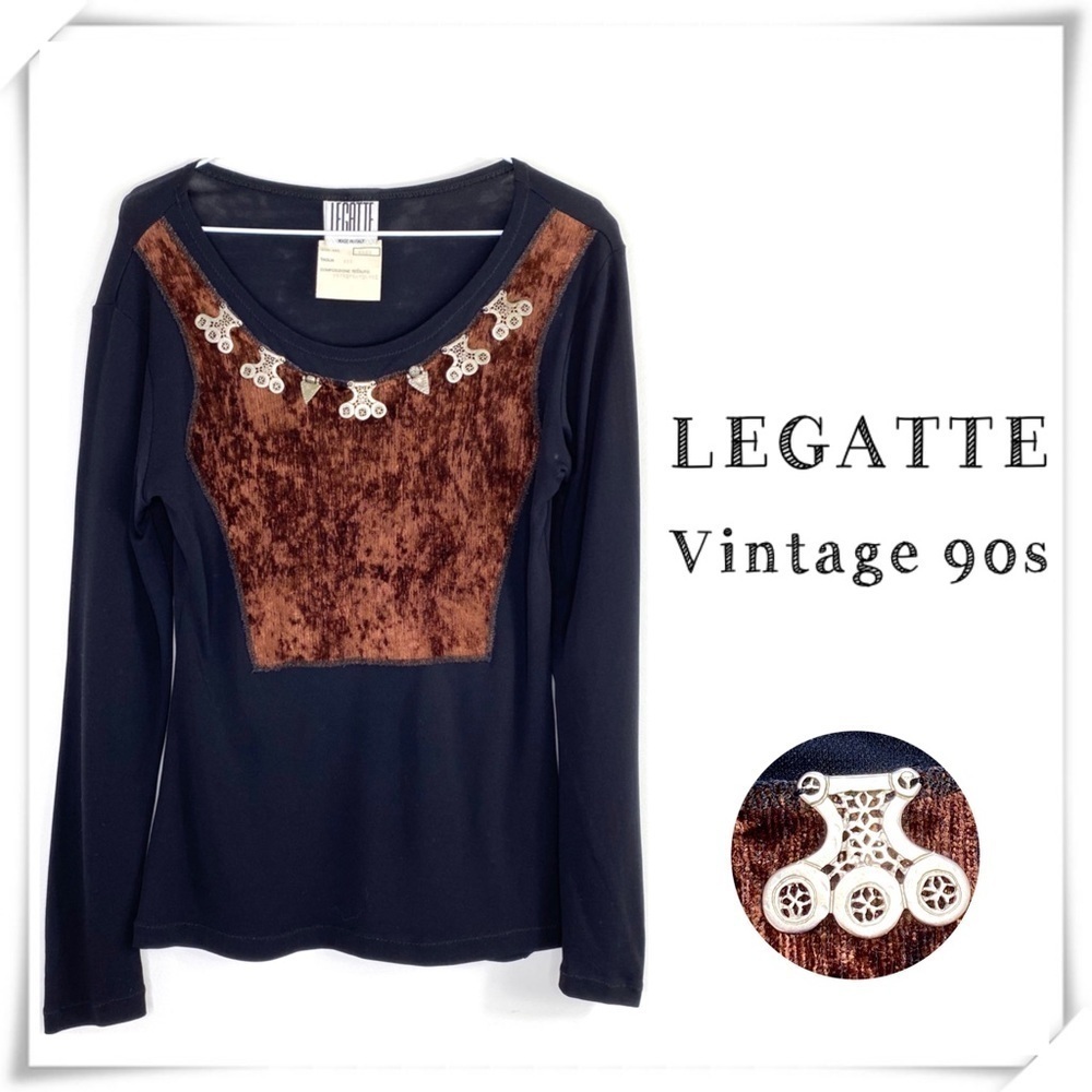 Vintage 90s Legatte Jewelry Neck Velvet Shirt Tops